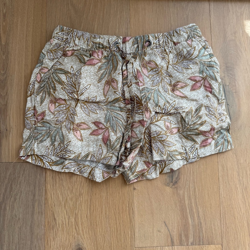 XS CYNTHIA ROWLEY Floral Print Women's Linen Shorts Neutral Tone